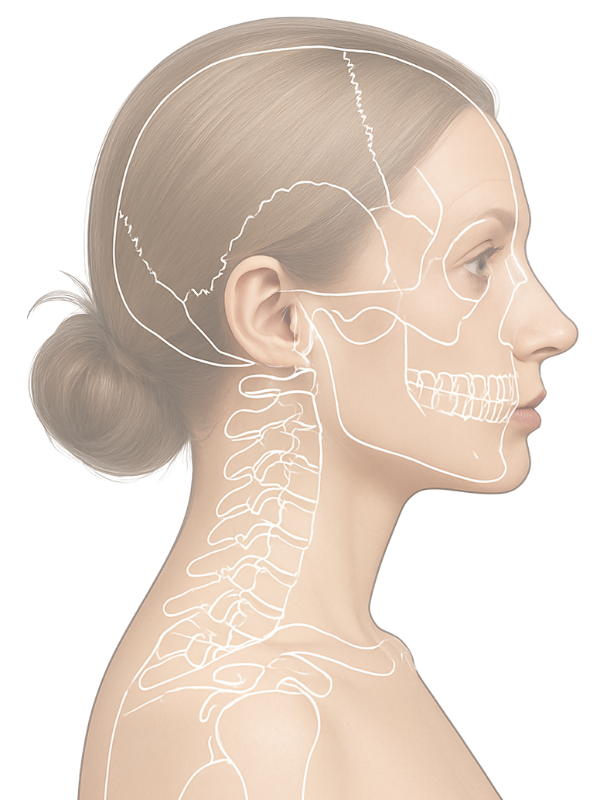 Anatomical illustration, lateral view of the human skull and cervical spine showing vertebrae C1 through C7 and upper thoracic levels
