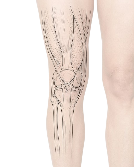 Anatomical illustration, anterior view of the human knee showing the patella, femur, tibia, menisci, and supporting ligaments
