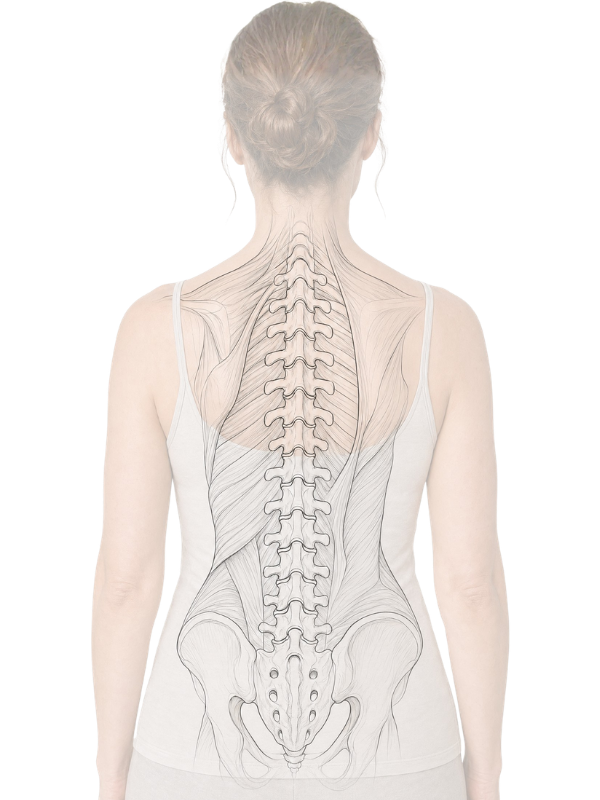 Anatomical illustration, posterior view of the lumbar spine, sacrum, and pelvis showing the L1 through S1 vertebral levels and sacroiliac joints