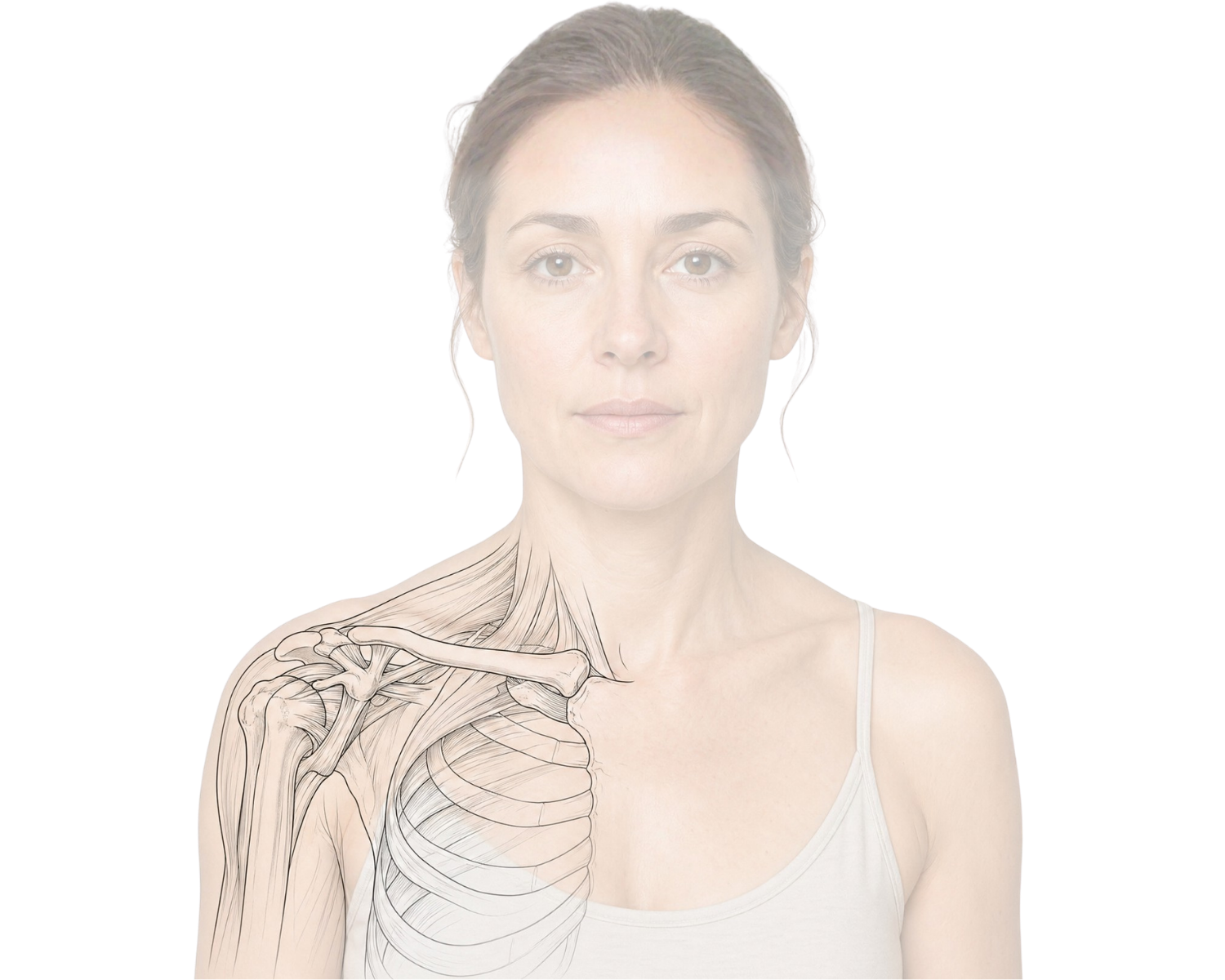 Anatomical illustration, anterior view of the human shoulder showing the humerus, scapula, clavicle, rotator cuff, and surrounding tendons